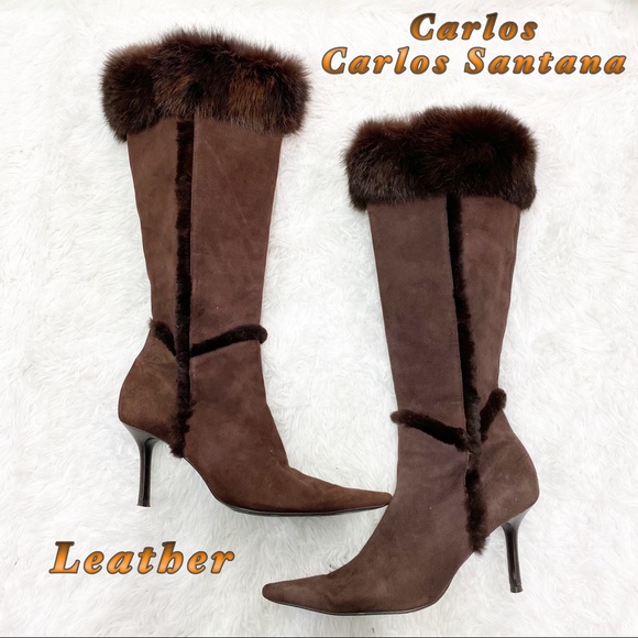 Carlos Santana Shoes - Carlos-Suede Leather Dark Chocolate Fur Trimmed Pointed Tall Boot 8.5